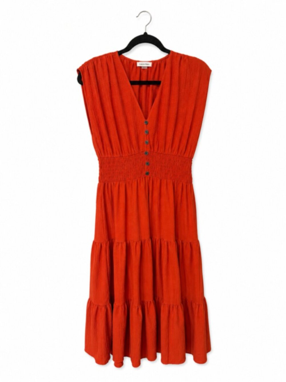 Calvin Klein Sz 6 Burnt Orange Midi Dress Smocked Waist Tiered V-Neck Sleeveless